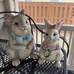 Jim Shore Gray Bunny Pair with Blue and Pink Accents